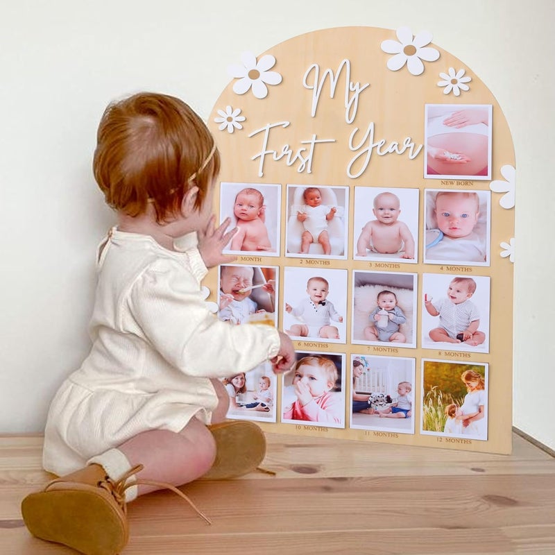 FLhdM My First Year Photo Frame Board, 1st Birthday Girl Boy Gifts, Newborn Newmom Gift, 1 Year Old Girls Gifts, One Year Birthday Party Decorations, Baby Shower Baptism Favors, 12 Months Milestone - Image 3